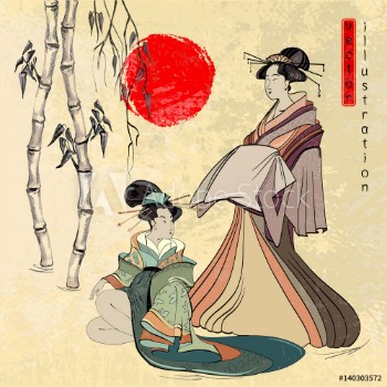 Picture of Beautiful japanese geisha girl classical Japanese woman ancient style of drawing vector